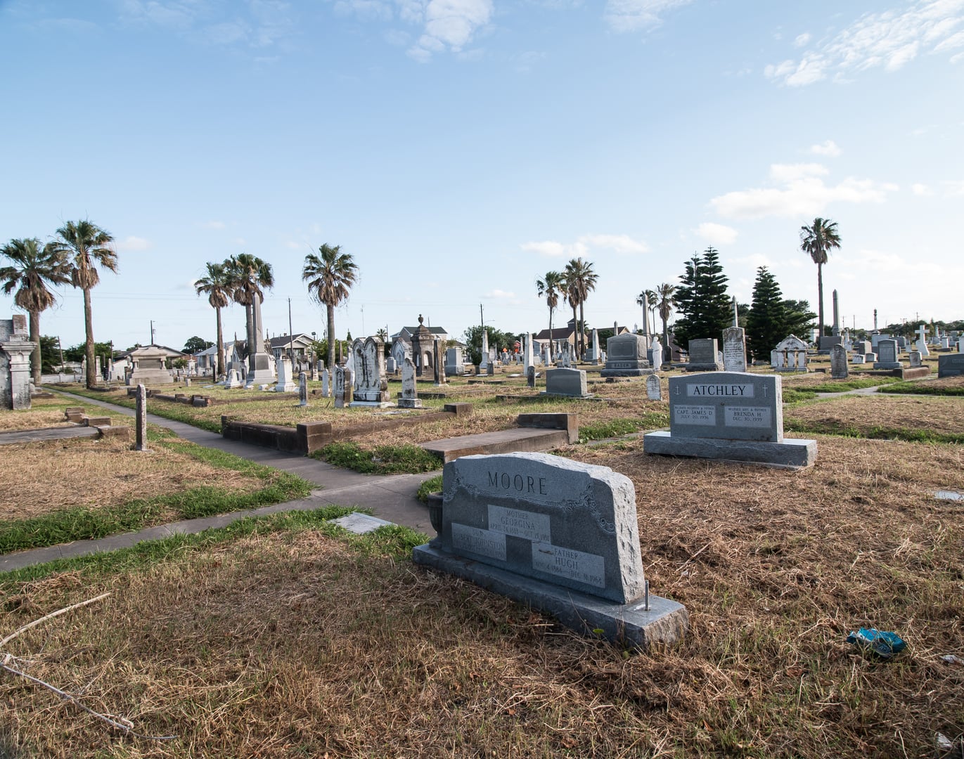 Headstones in the Galveston Broadway Cemetery Historic District — a seven-cemetery complex along Broadway between 39th and 43rd Streets