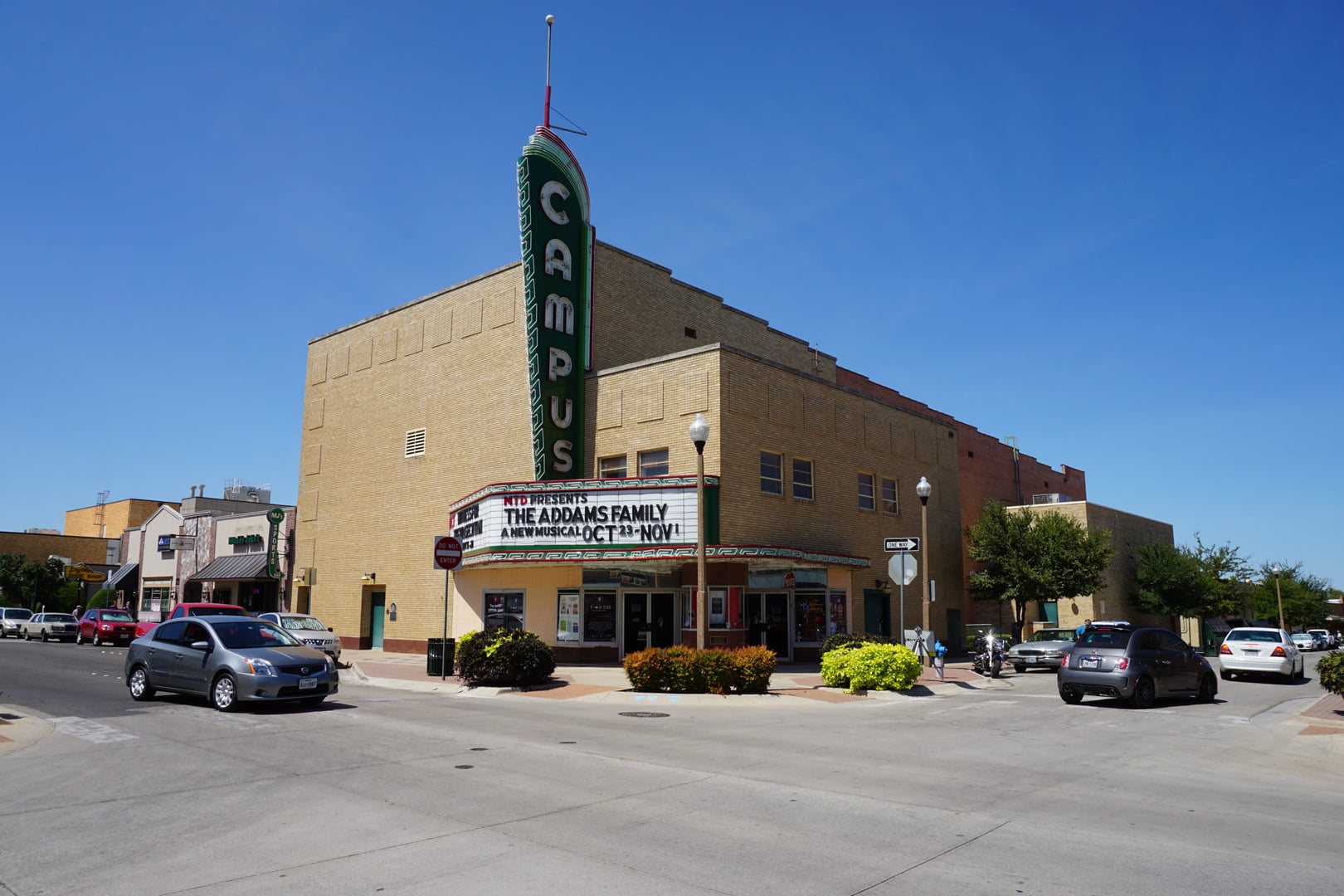 The Art Moderne facade of the Campus Theater on W Hickory Street in downtown Denton, Texas