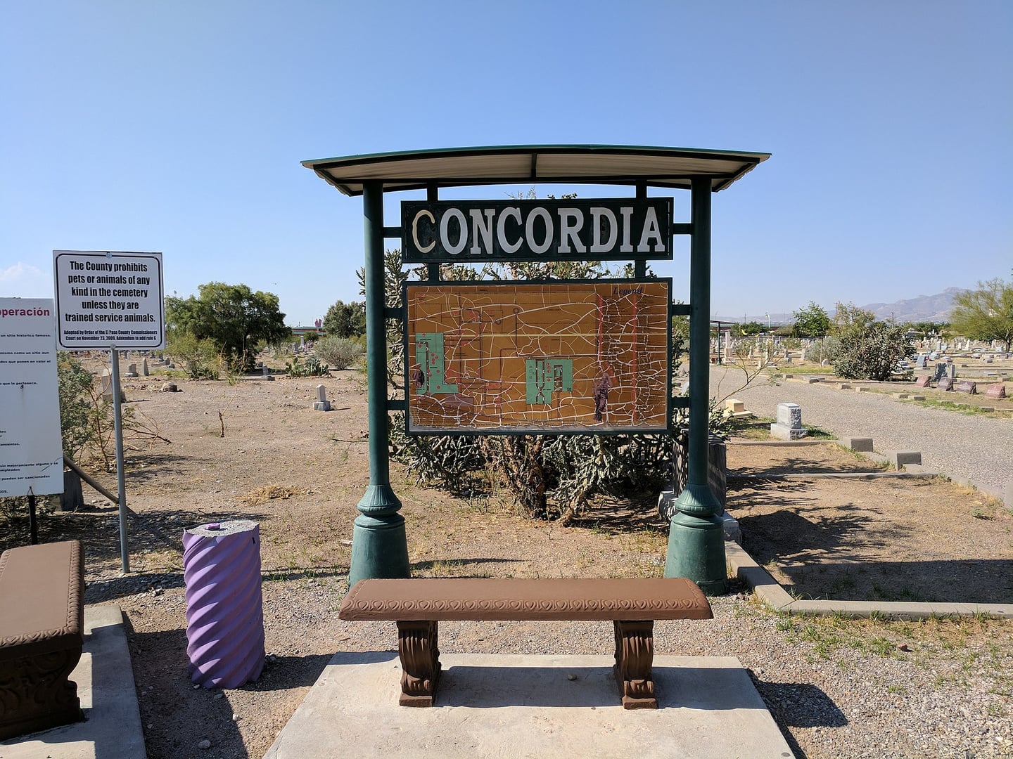 Entrance map and sign at Concordia Cemetery, El Paso, Texas — El Paso's historic Boot Hill with 60,000 burials