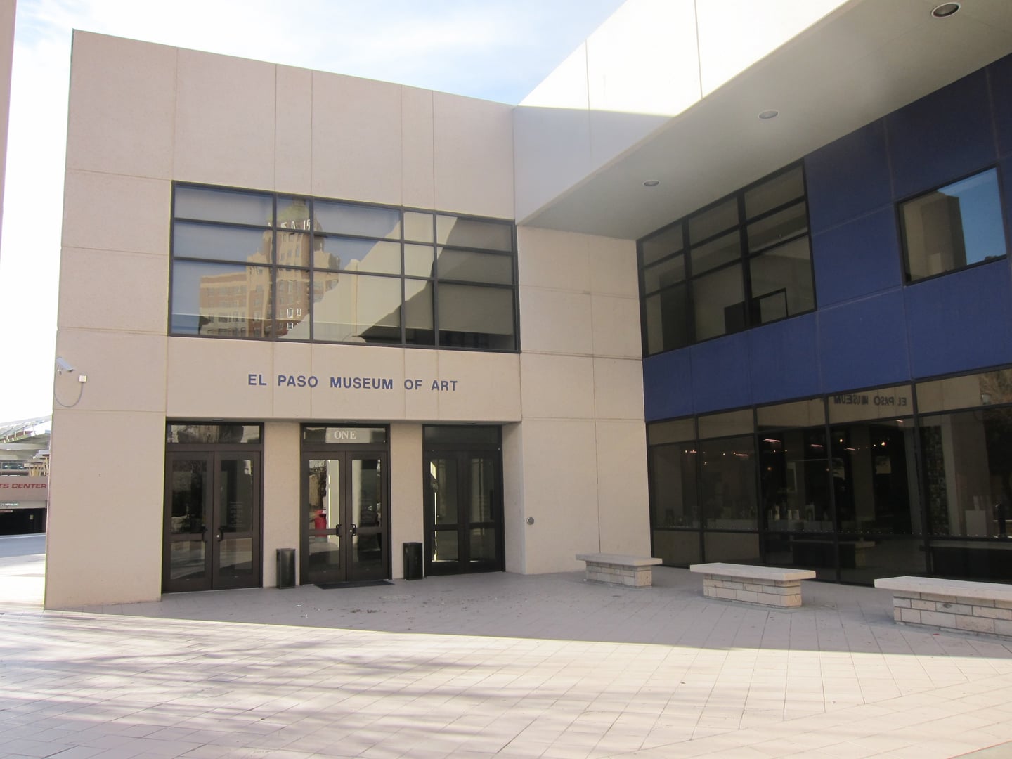 Exterior facade of the El Paso Museum of Art building in downtown El Paso, Texas