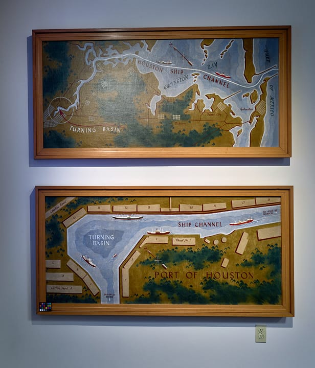Two of the courthouse's New Deal-era mural map paintings of the Houston Ship Channel and the Port of Houston, painted by Jerry Bywaters and Alexandre Hogue in 1941.