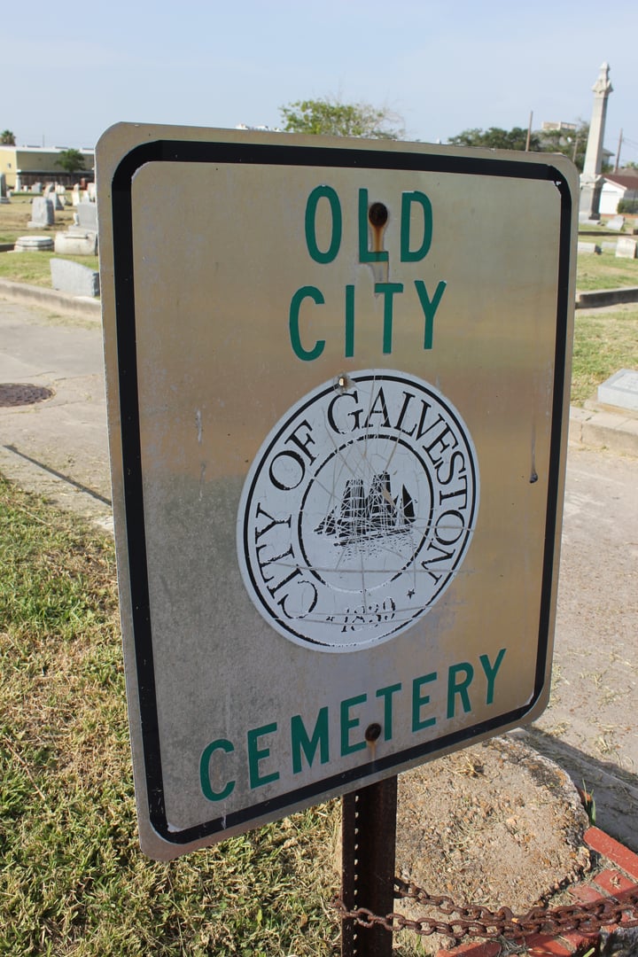 Old City Cemetery in Galveston, Texas — historic grave markers and live oaks in the Broadway Cemetery District