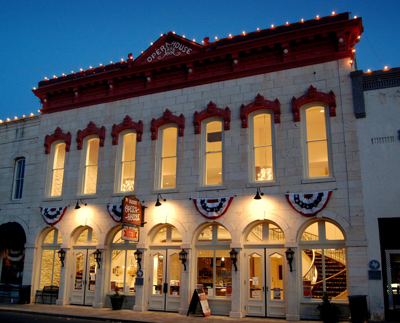The restored Granbury Opera House on the courthouse square in Granbury, Texas, decorated for the Fourth of July