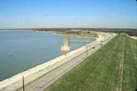 Earthen dam at Grapevine Lake, the Corps of Engineers reservoir on the Trinity River near Grapevine, Texas