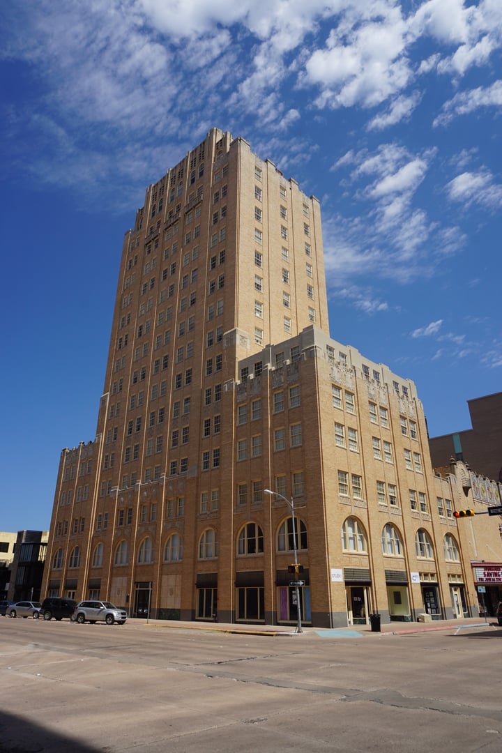 17-story Art Deco Hotel Wooten tower at the corner of N 3rd Street and Cypress in downtown Abilene, Texas, photographed in 2019