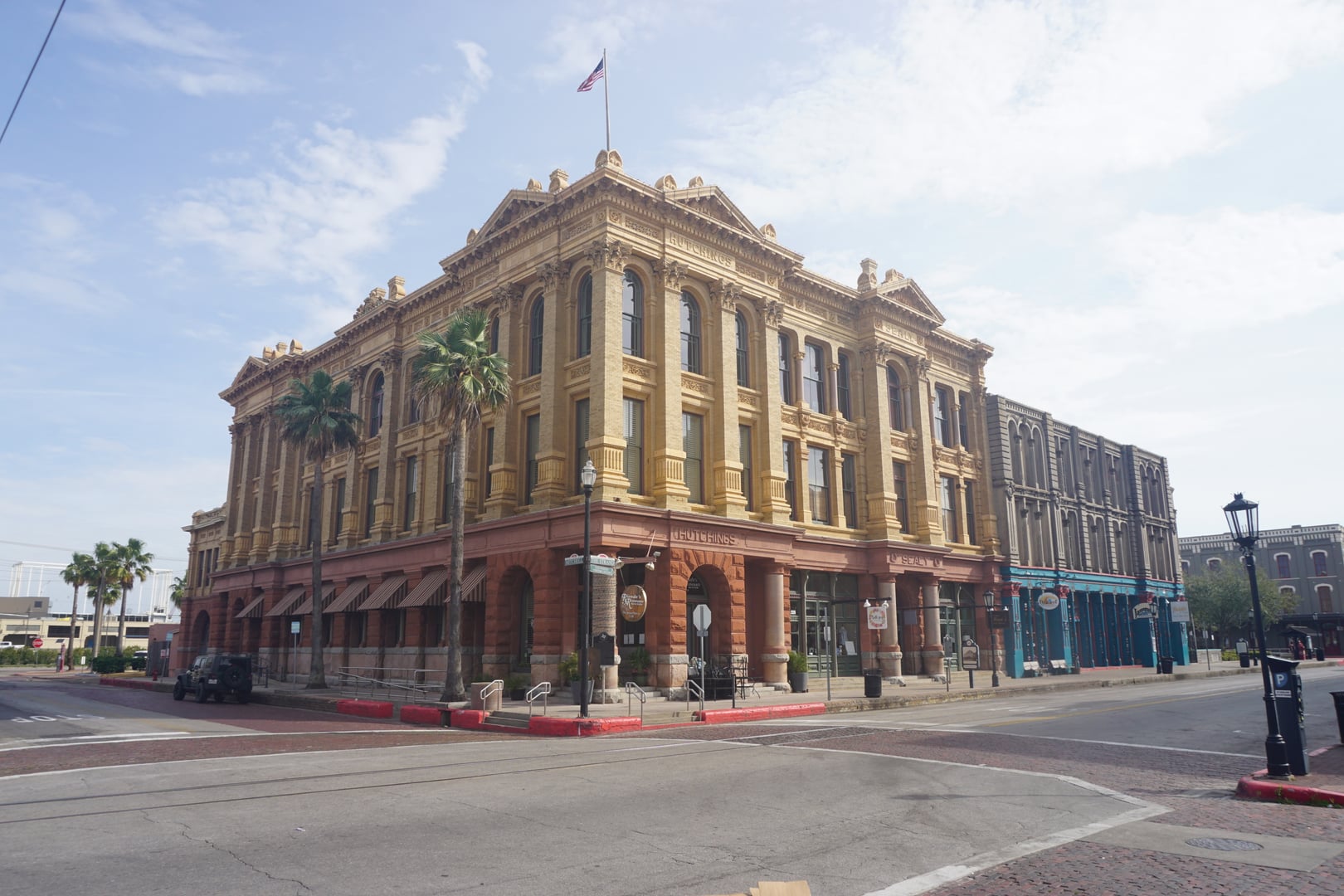 Twin Neo-Renaissance facades of the Hutchings and Sealy buildings on Galveston's Strand, designed by Nicholas J. Clayton in 1895
