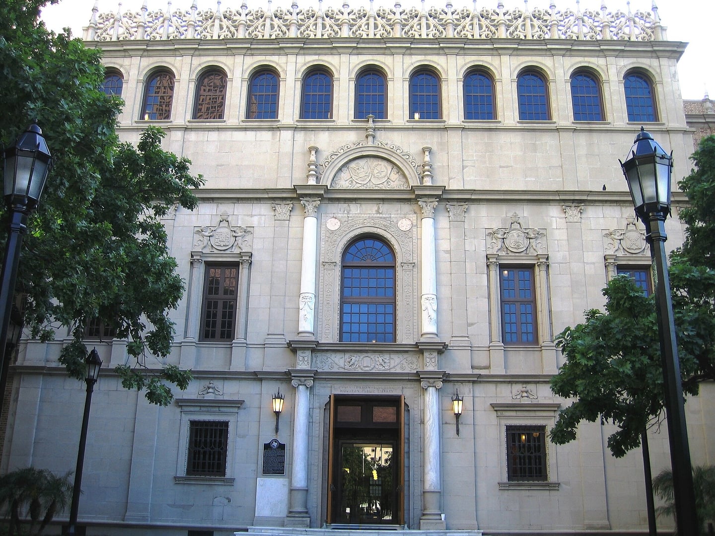 Exterior of the 1926 Julia Ideson Building, the Spanish Renaissance Revival central library of the Houston Public Library, in Houston, Texas