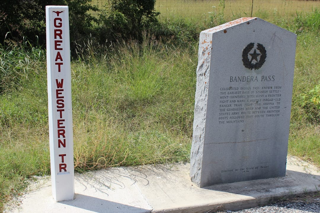 Bandera Pass. Celebrated Indian pass known from the earliest days of Spanish settlement. Identified with many a frontier fight and many a hostile inroad. Old Ranger trail from the Medina to the Guadalupe River and the United States Army route between frontier posts followed this route through the mo