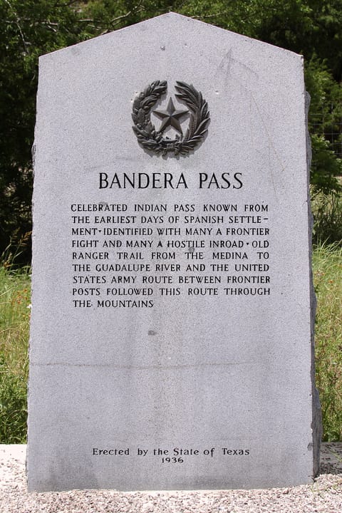 Bandera Pass 1936 Texas Centennial historical marker in Bandera County, Texas, United States.
