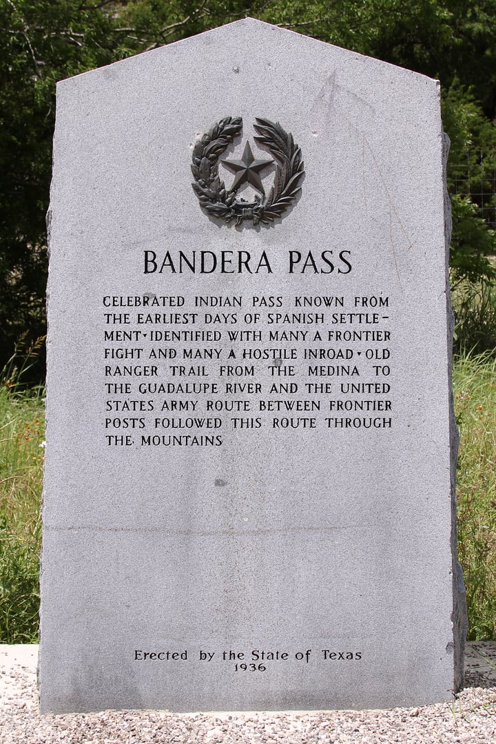 Bandera Pass. Celebrated Indian pass known from the earliest days of Spanish settlement. Identified with many a frontier fight and many a hostile inroad. Old Ranger trail from the Medina to the Guadalupe River and the United States Army route between frontier posts followed this route through the mo