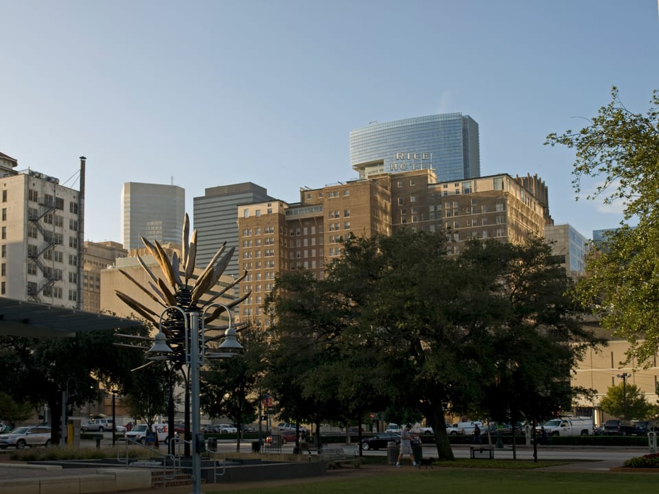 Market Square Park Houston. Rice Hotel is at the background/