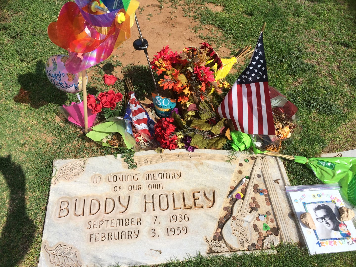 Buddy Holly's grave marker at the City of Lubbock Cemetery in Lubbock, Texas