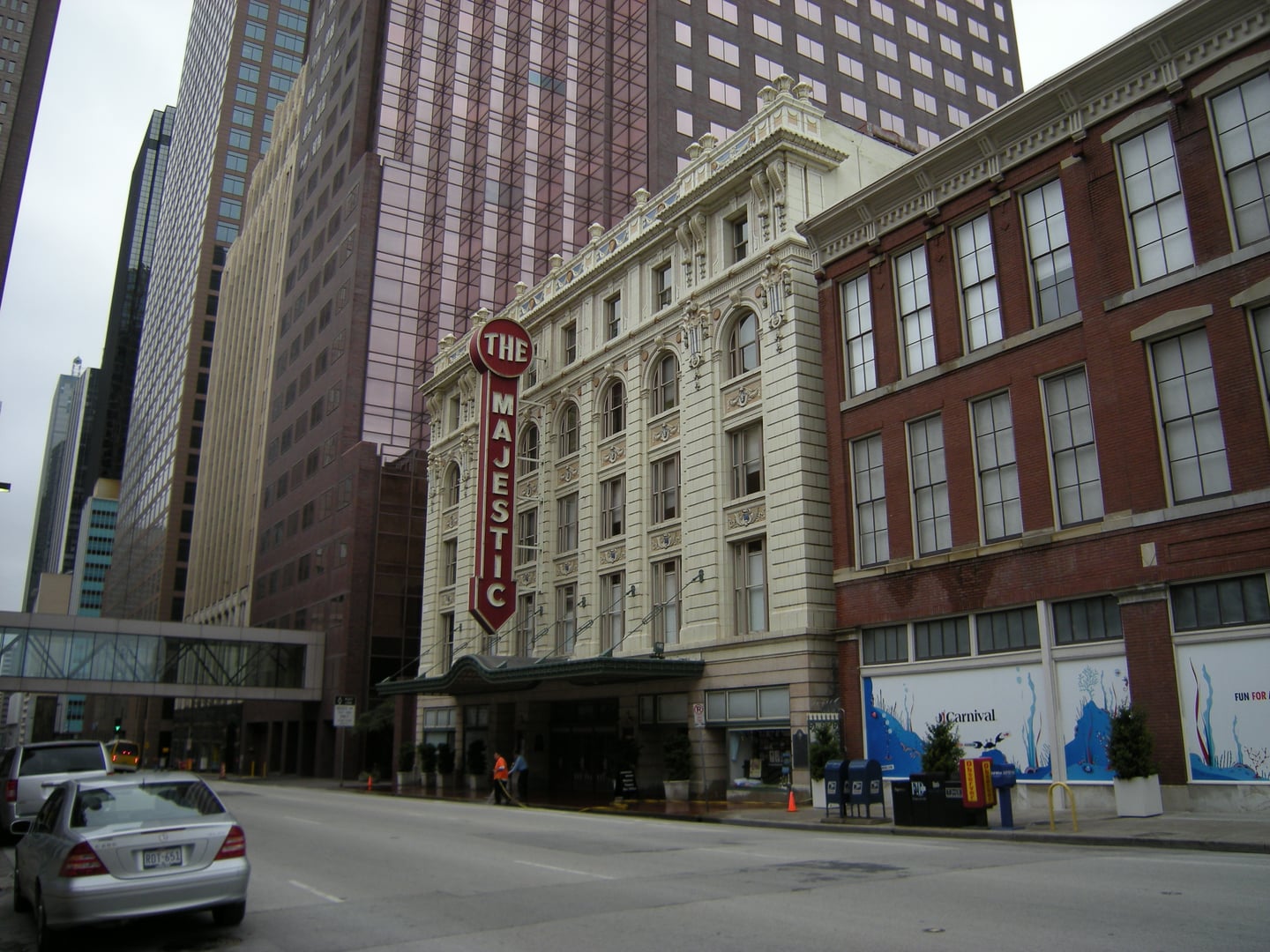 Restored Renaissance Revival facade of the 1921 Majestic Theatre on Elm Street in downtown Dallas, Texas