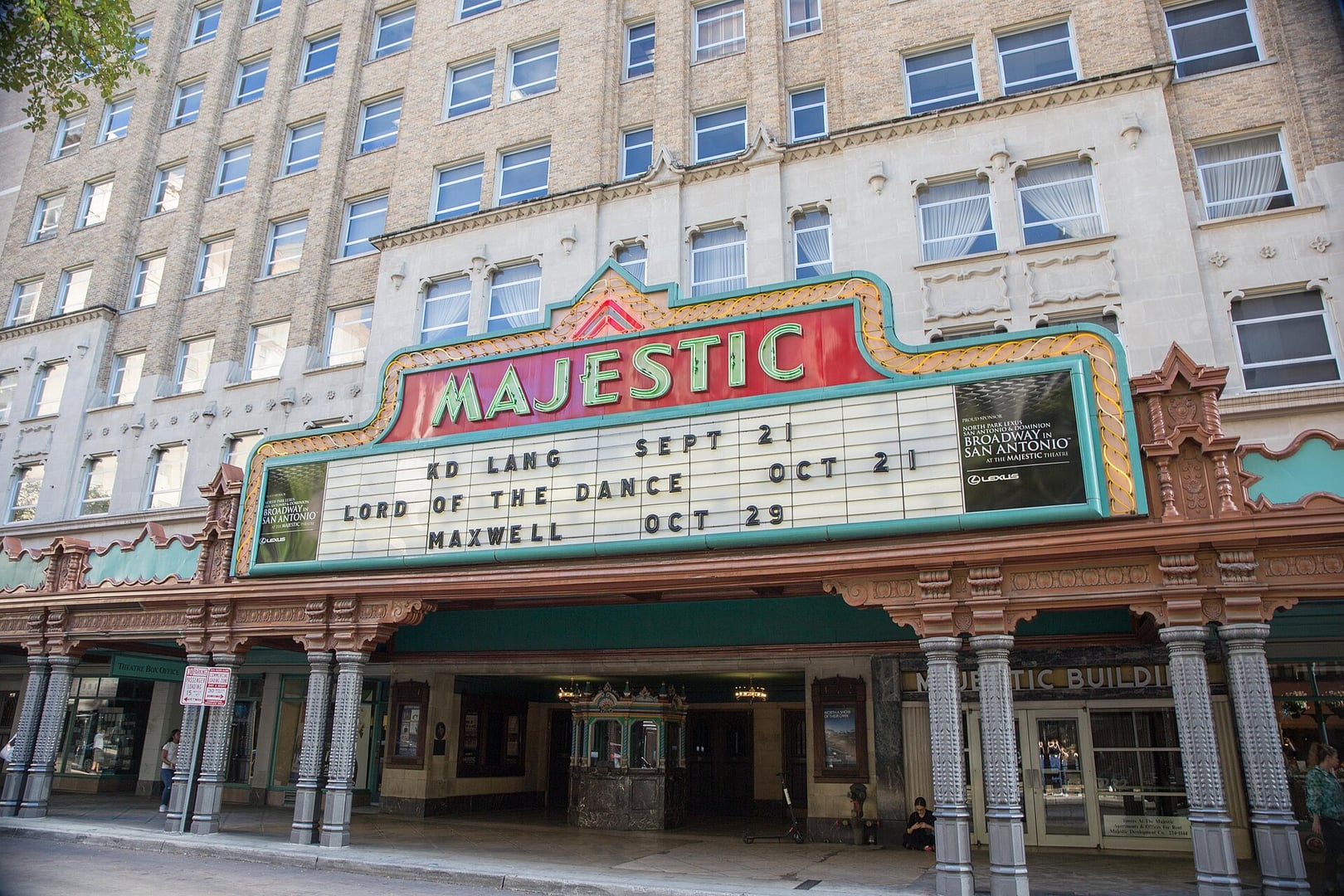 Exterior facade of the Majestic Theatre on East Houston Street in downtown San Antonio, Texas, showing its ornate 1929 atmospheric movie palace architecture