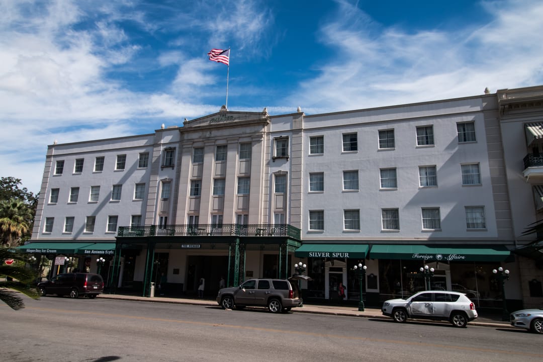Exterior of the historic Menger Hotel in San Antonio, Texas, with its 1859 facade