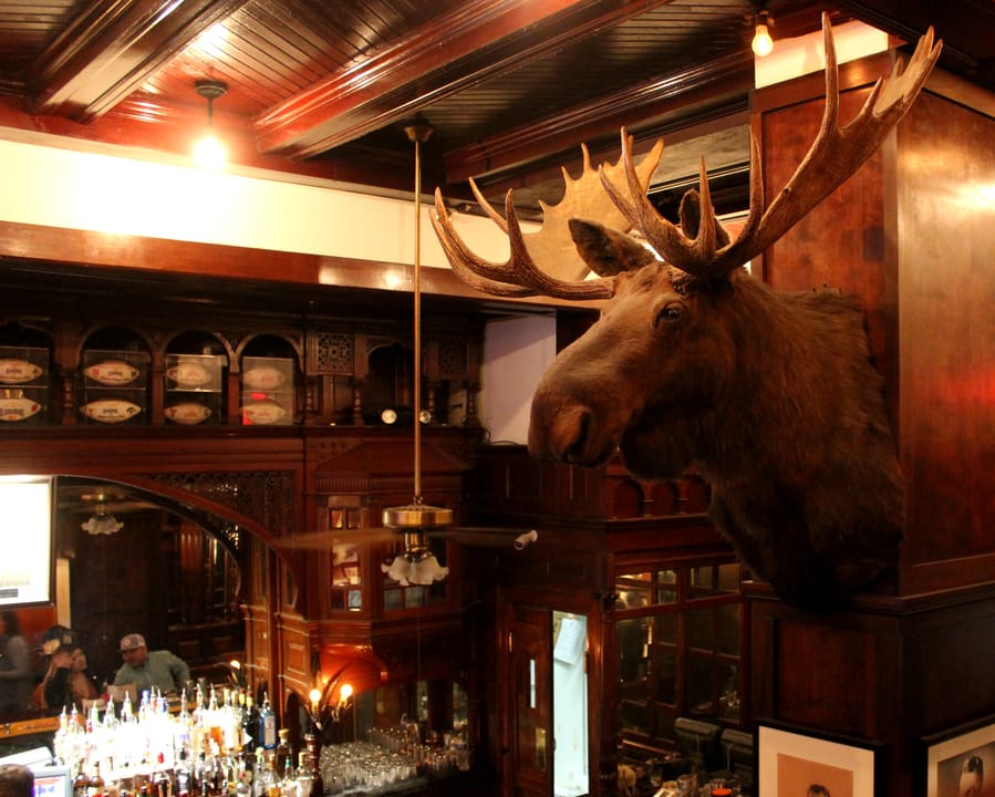 The historic Menger Bar, with its mounted moose head and Victorian millwork, Menger Hotel, San Antonio, Texas.