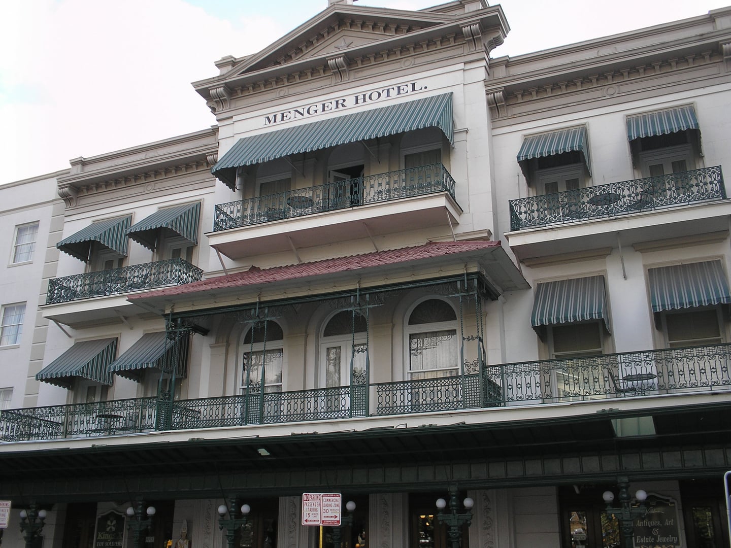Exterior of the historic Menger Hotel in San Antonio, Texas, with its 1859 facade