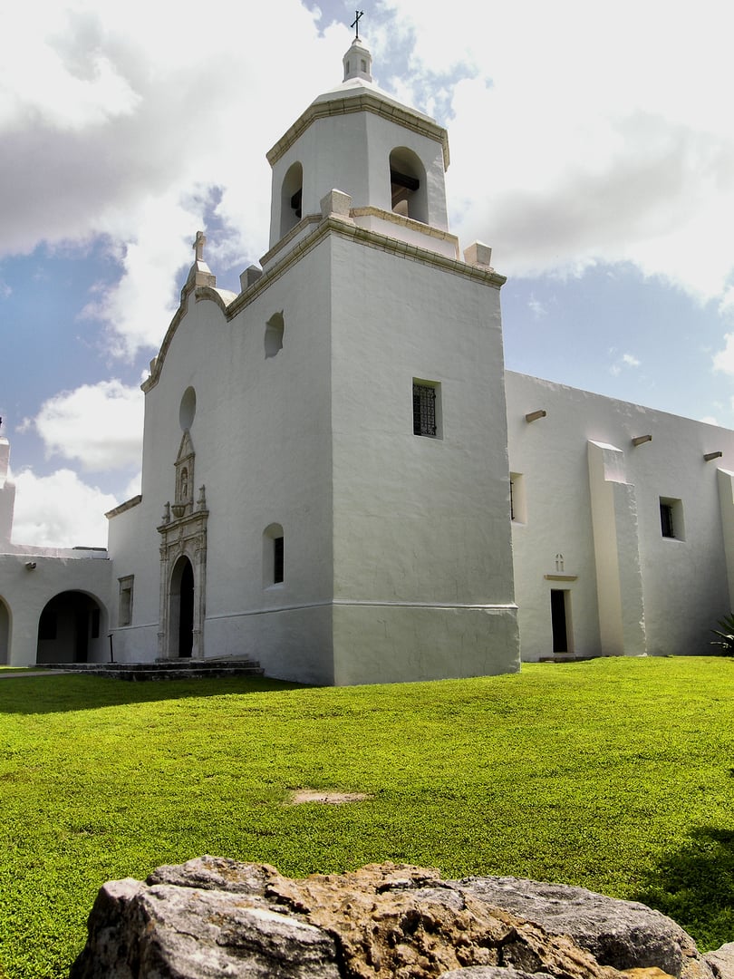 Mission Nuestra Senora del Espiritu Santo de Zuniga restored stone chapel at Goliad State Historic Park, Texas