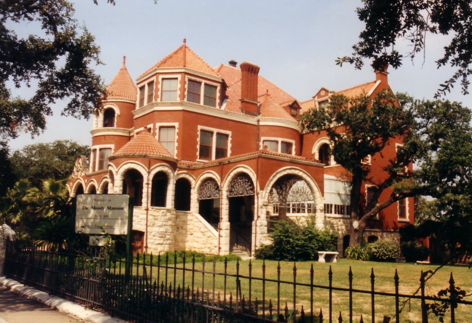 The Romanesque limestone facade of the Moody Mansion in Galveston, Texas, a 31-room historic house museum completed in 1895