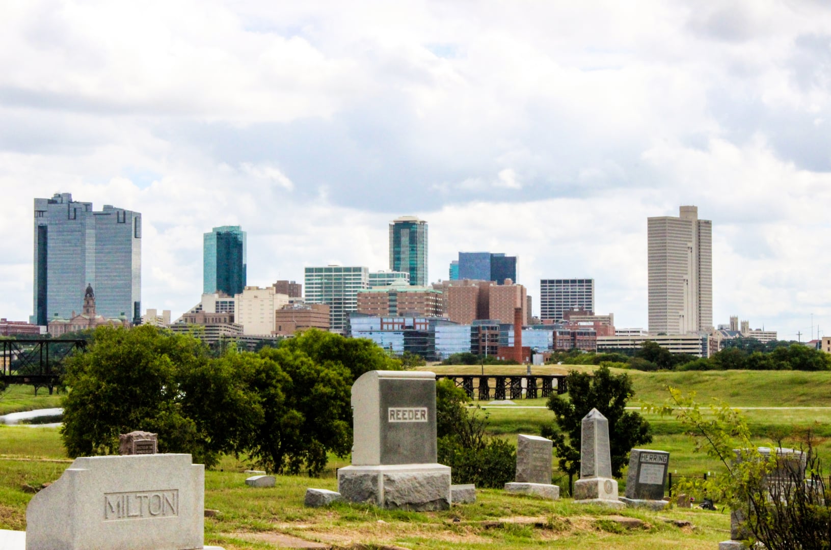 Oakwood Cemetery historic monuments and oak trees on a 62-acre site north of downtown Fort Worth, Texas