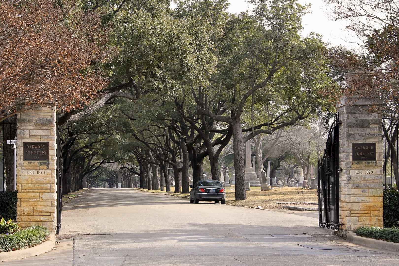 The entrance gates of Oakwood Cemetery in Waco, Texas, photographed in February 2014