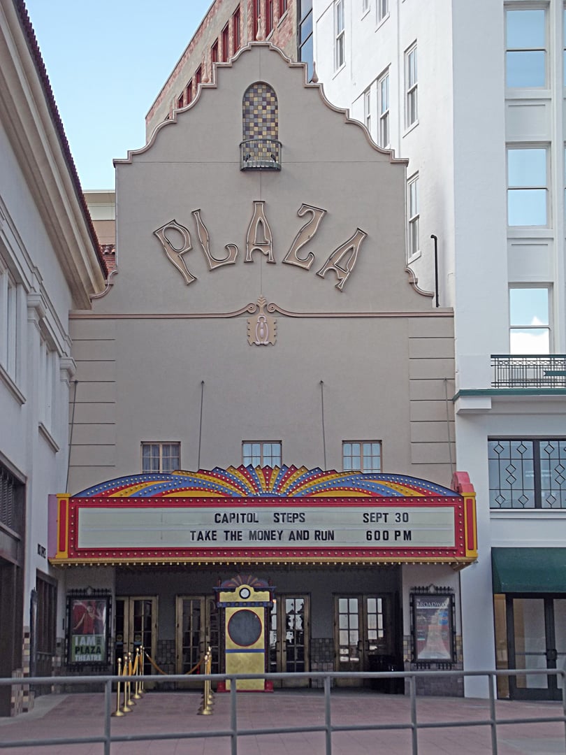 Plaza Theatre marquee on Pioneer Plaza in downtown El Paso, Texas, a 1930 Spanish Colonial Revival movie palace