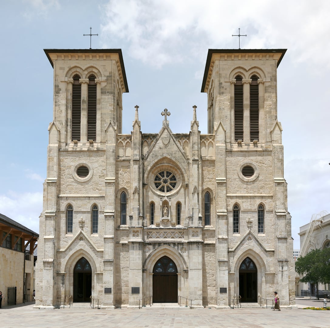 San Fernando Cathedral Gothic Revival facade and twin towers fronting Main Plaza in downtown San Antonio, Texas