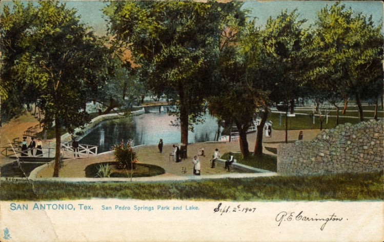 1907 postcard of San Pedro Springs Park and Lake in San Antonio, Texas, showing the spring-fed lake and surrounding landscape