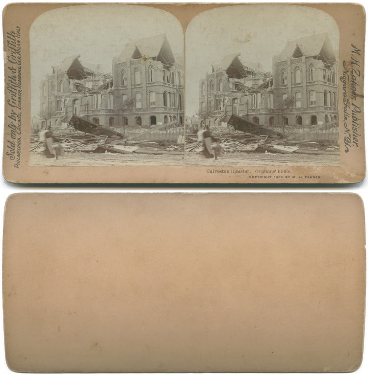 Stereoview photograph from 1900 showing the destroyed St. Mary's Orphan Asylum after the Galveston hurricane — the beachfront building was swept away on September 8, 1900