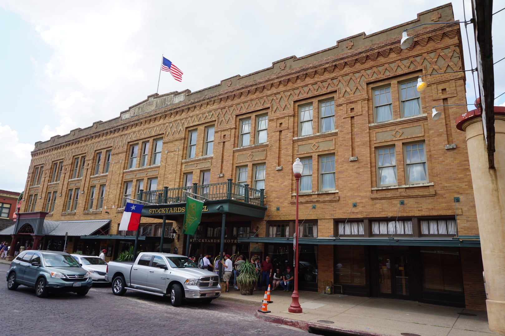 Stockyards Hotel three-story brick exterior on Exchange Avenue in Fort Worth's Stockyards National Historic District