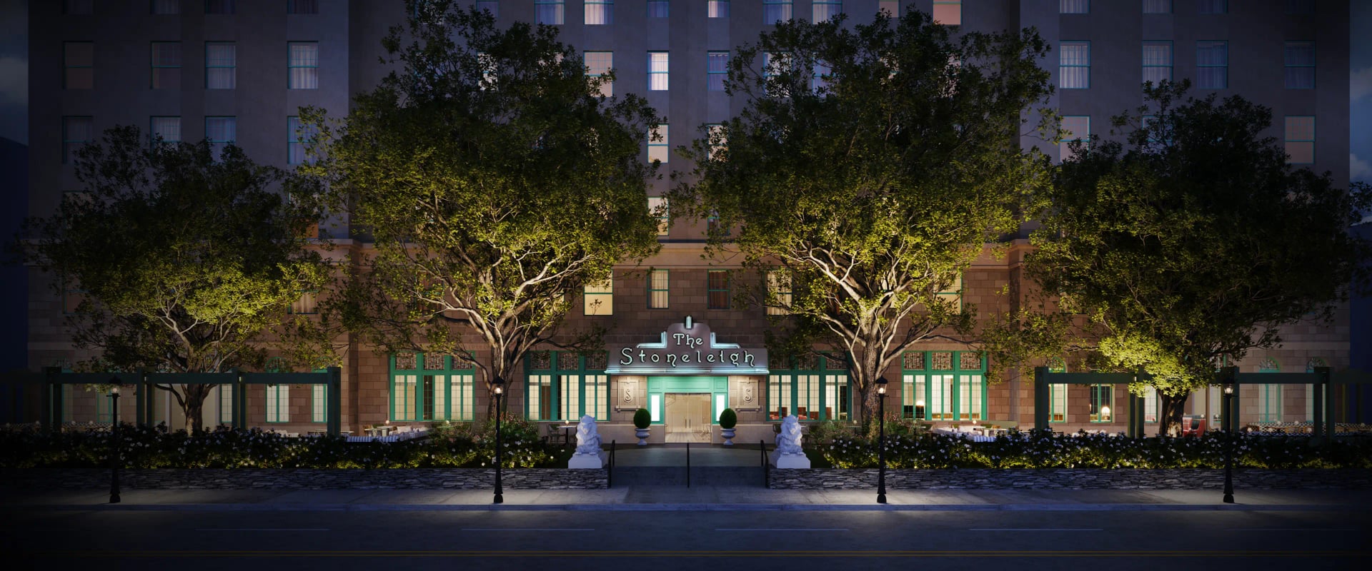 Brick-and-stone facade of the 1923 Stoneleigh Hotel in Uptown Dallas, now operating as Le Méridien Dallas, The Stoneleigh