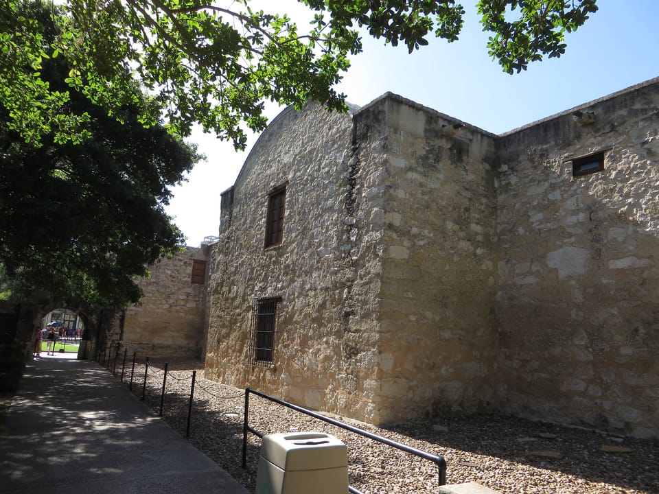 The Alamo mission chapel facade with its iconic curved gable, the historic 1718 Spanish mission and 1836 battle site in San Antonio, Texas