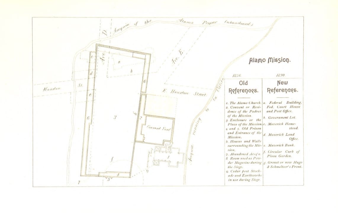 An 1890 plan of the Alamo Mission compound, from William Corner's 'San Antonio de Bexar: A Guide and History'