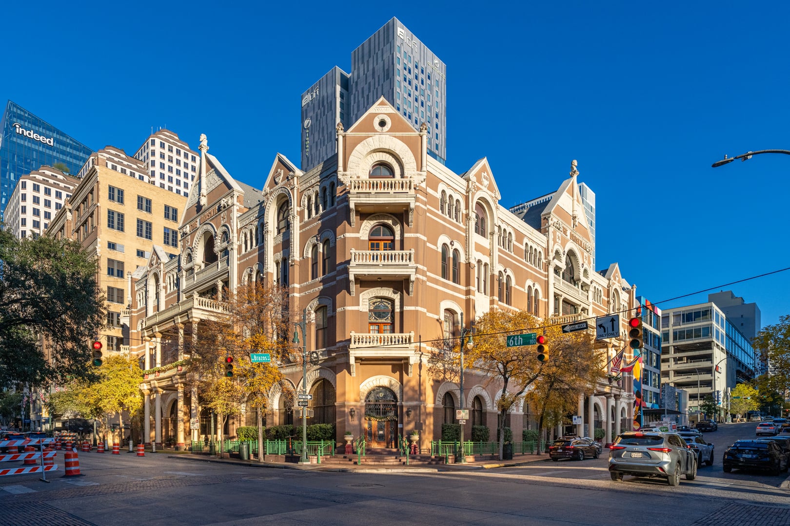 The Driskill hotel exterior in Austin Texas, historic Romanesque Revival brick building on 6th Street