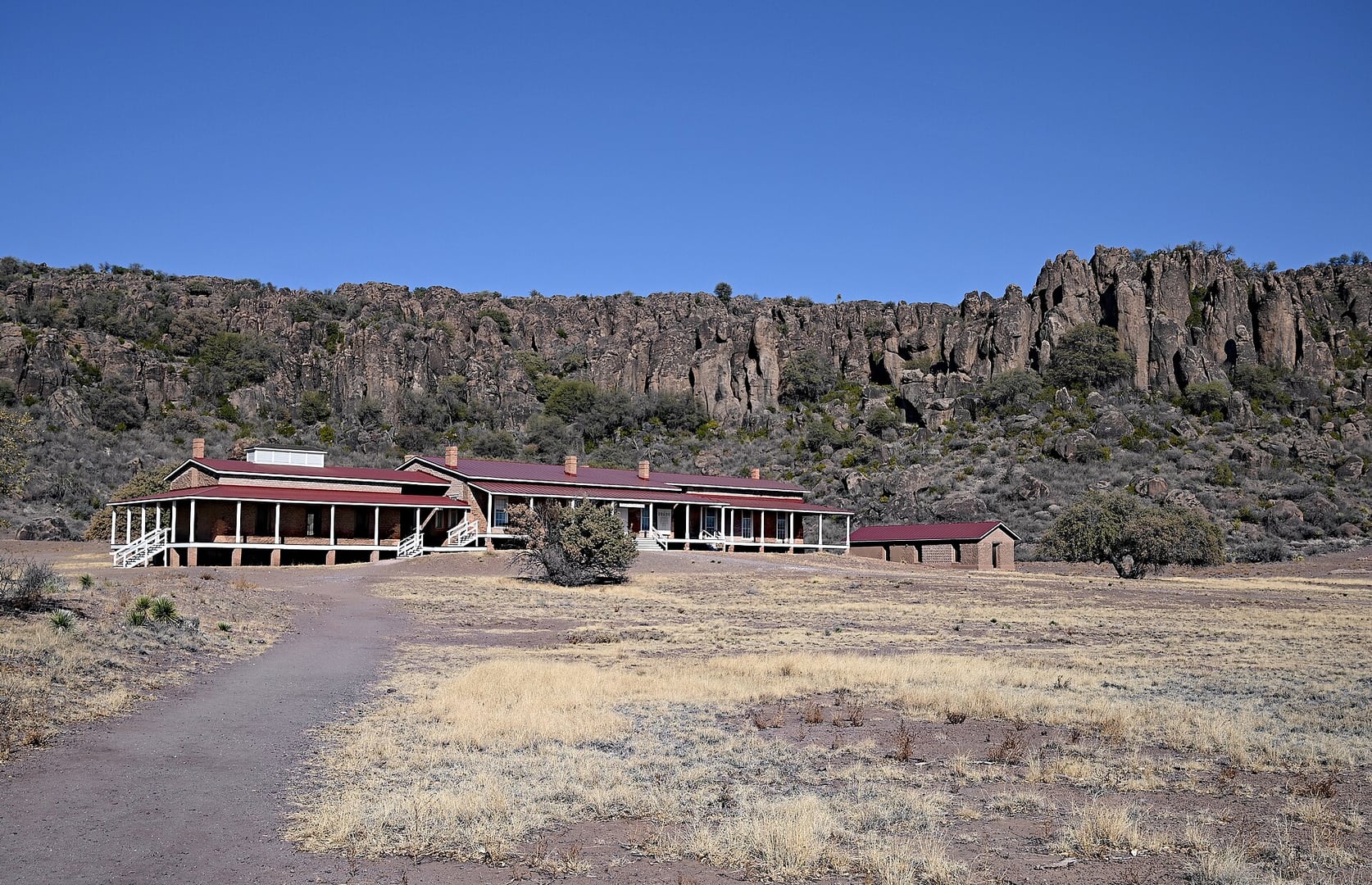 Exterior of the restored 1875 Post Hospital at Fort Davis National Historic Site in Fort Davis, West Texas