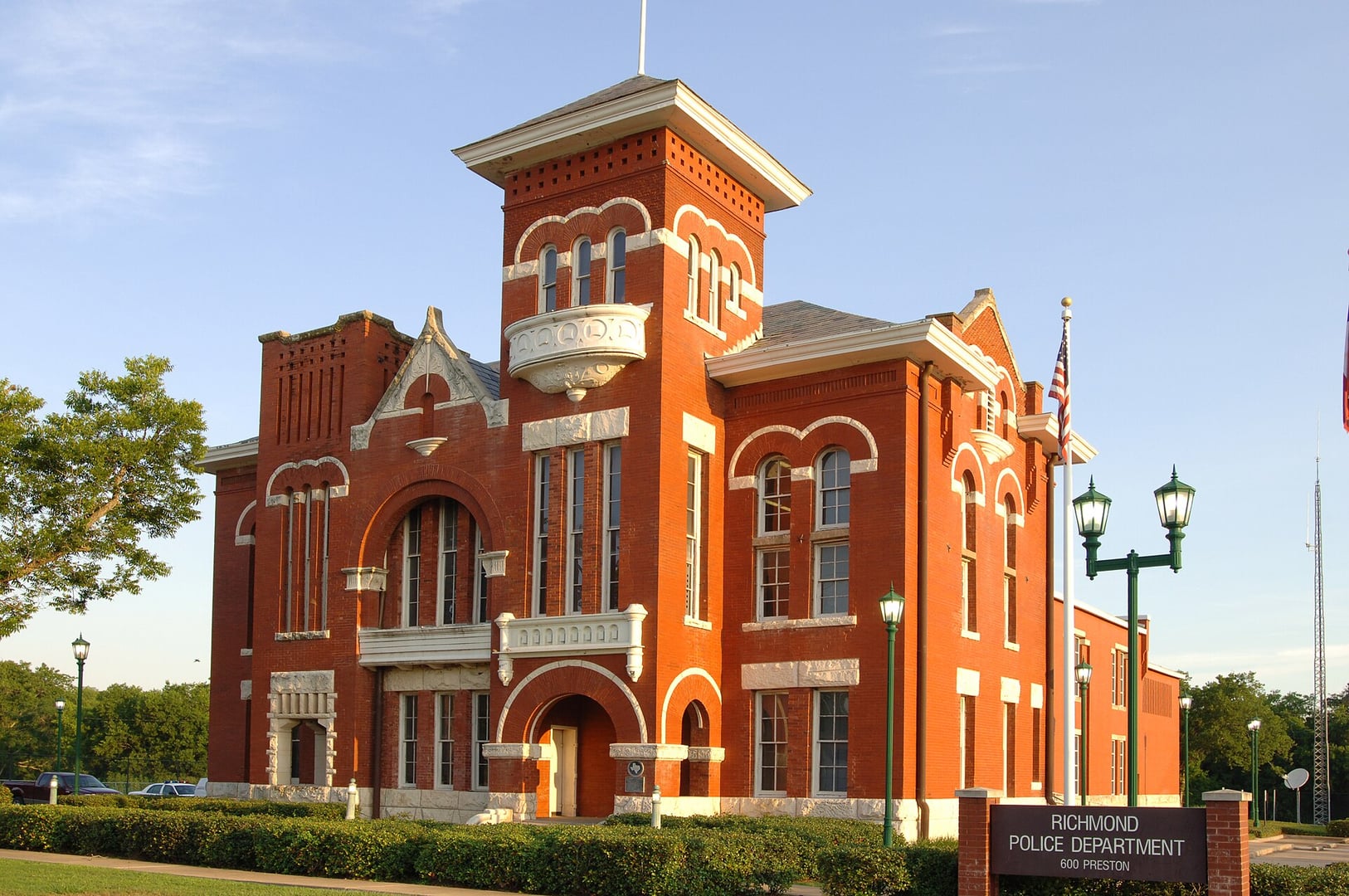 The 1897 red-brick Romanesque Revival Old Fort Bend County Jail building, now the Richmond Police Department, at 600 Preston Street in Richmond, Texas