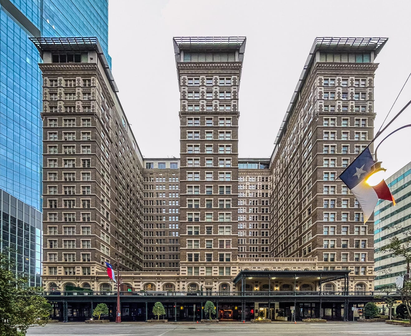 The 1913 Rice Hotel rising over downtown Houston at the corner of Texas Avenue and Main Street