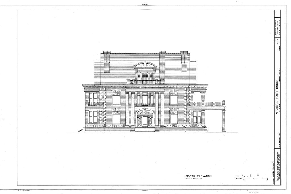 HABS measured drawing of the north (front) elevation of Thistle Hill (the Wharton-Scott House), Fort Worth, Texas, with the columned portico, pedimented dormer and side porch, drawn in 1977.