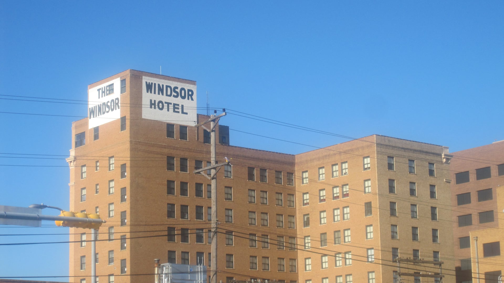 10-story Windsor Hotel building at 401 Pine Street in downtown Abilene, Texas, photographed in 2010, showing the historic brick facade