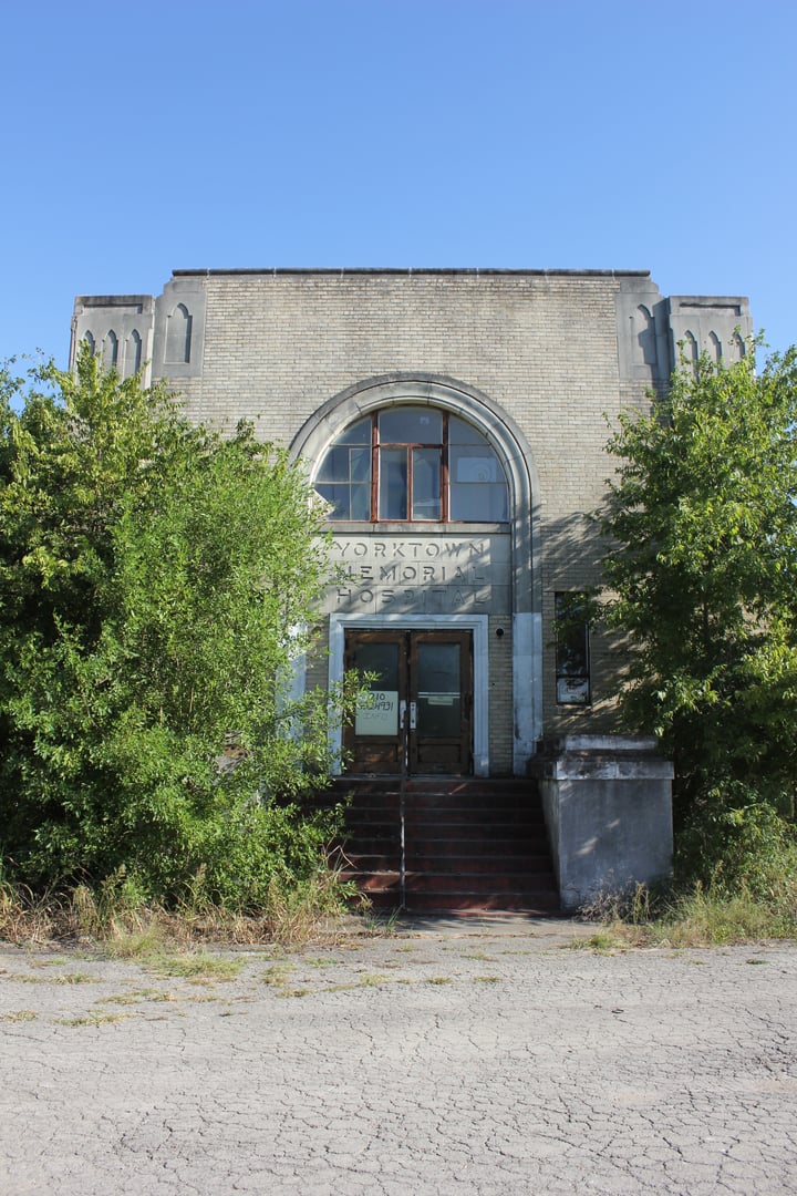 Exterior of Yorktown Memorial Hospital in Yorktown, Texas — a two-story brick building photographed in 2015