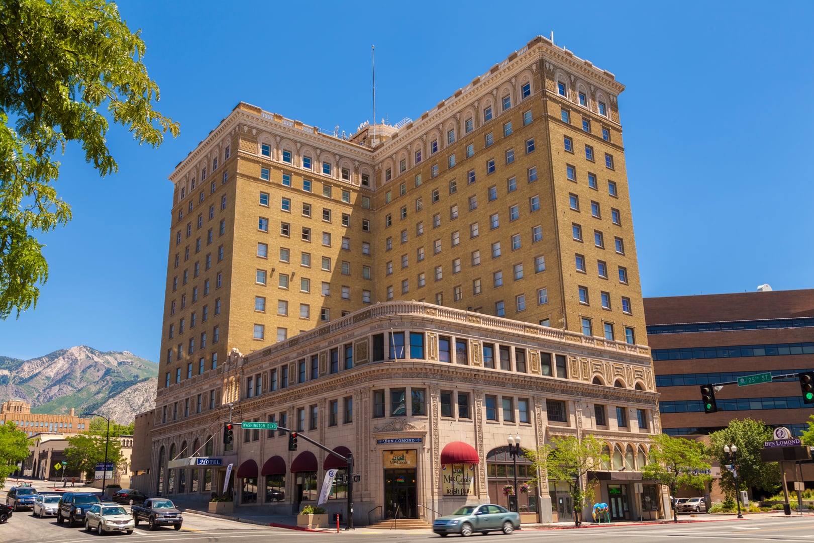 Ben Lomond Hotel (Bigelow Hotel) in Ogden, Utah, showing the 10-story Italian Renaissance Revival facade on Washington Boulevard