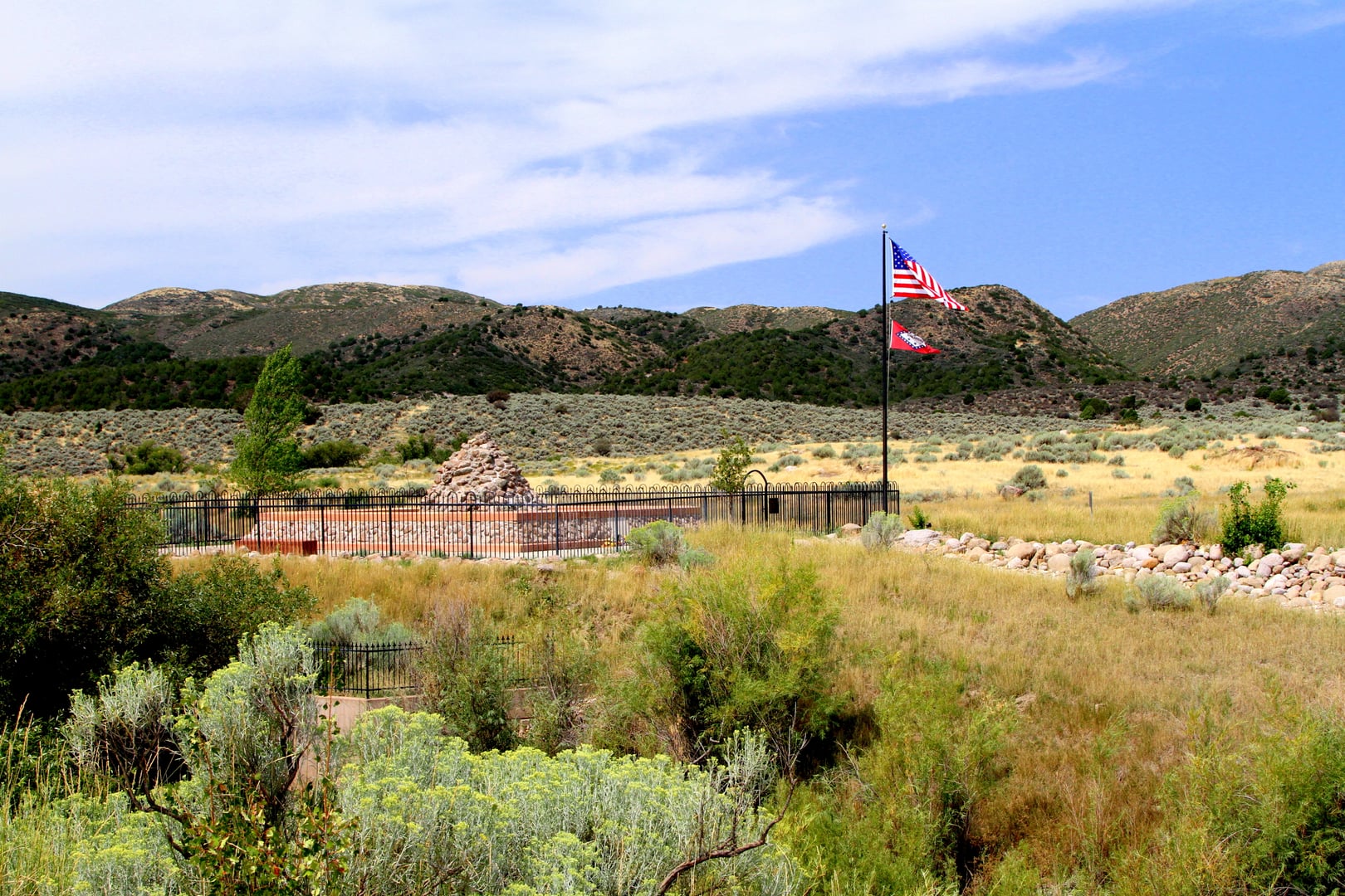 Aerial view of the Mountain Meadows Massacre site in Washington County, Utah, showing the valley where the 1857 massacre occurred