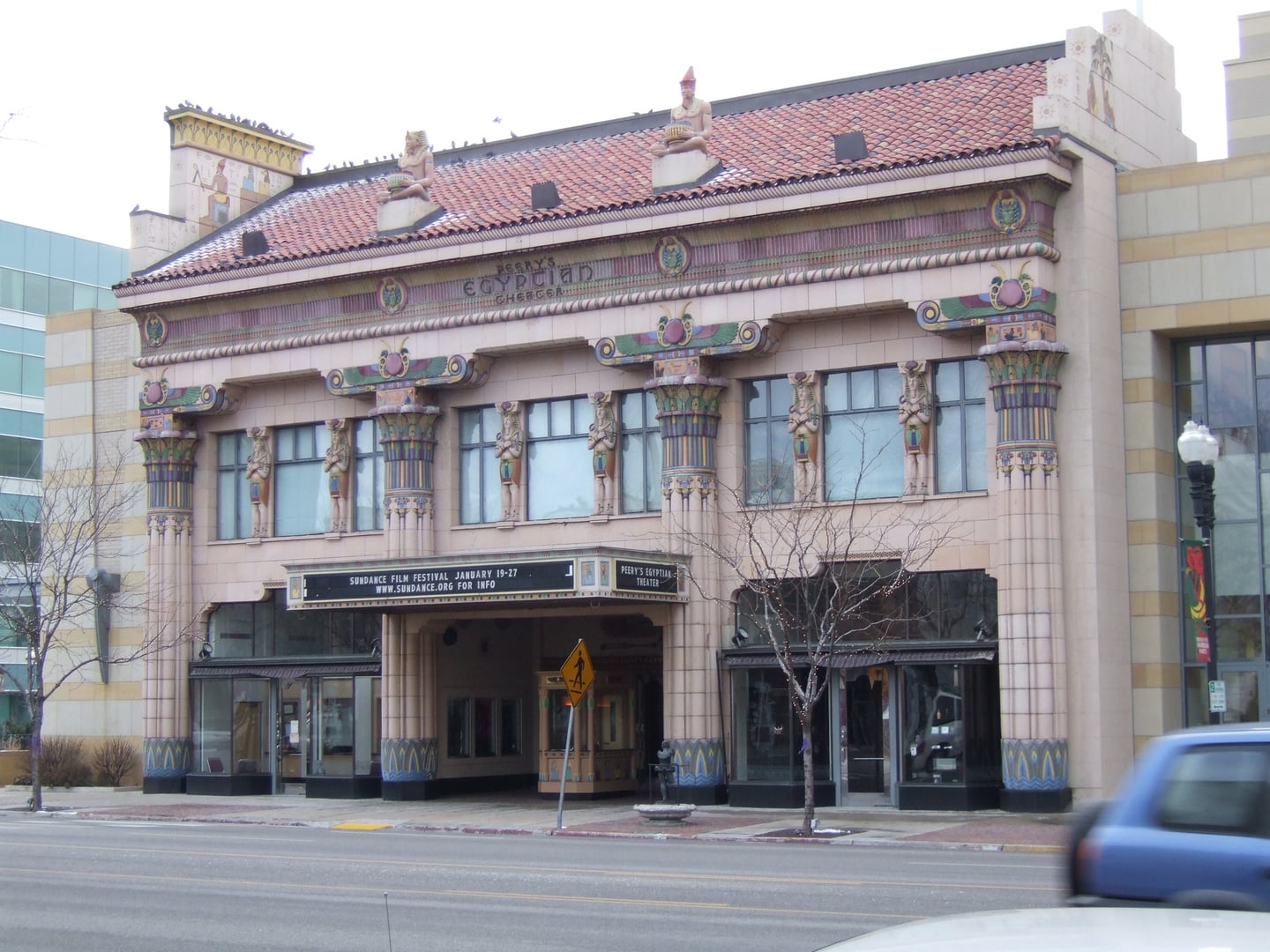 Peery's Egyptian Theater facade on Washington Boulevard, Ogden, Utah — Egyptian Revival architecture with marquee