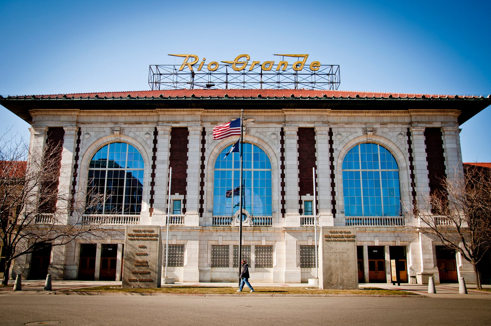 Exterior view of the Denver and Rio Grande Western Depot in Salt Lake City, Utah, showing the French Renaissance and Beaux-Arts limestone and brick facade