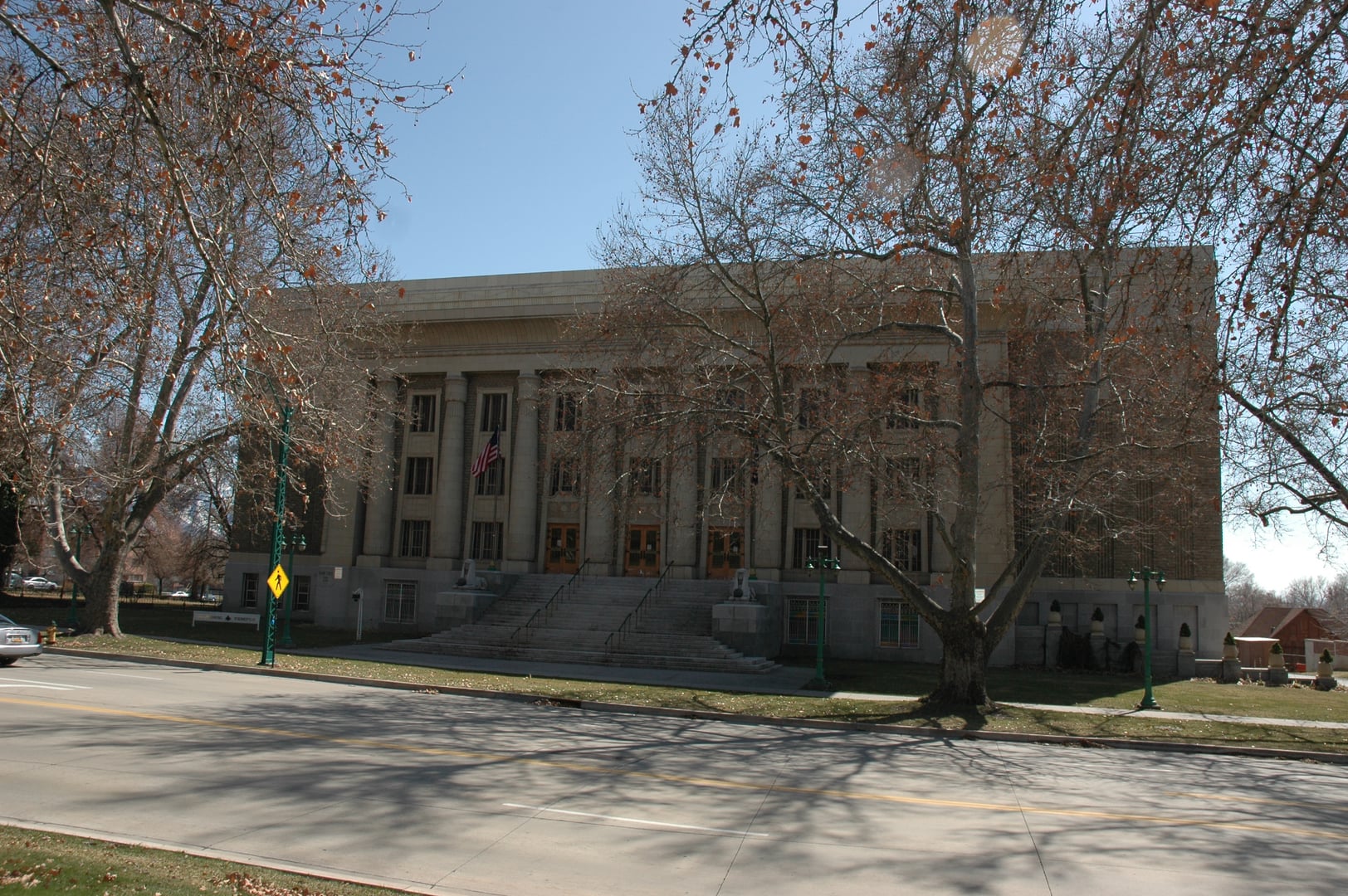 Front facade of the Salt Lake Masonic Temple's Egyptian Revival granite building on South Temple Street, Salt Lake City, Utah