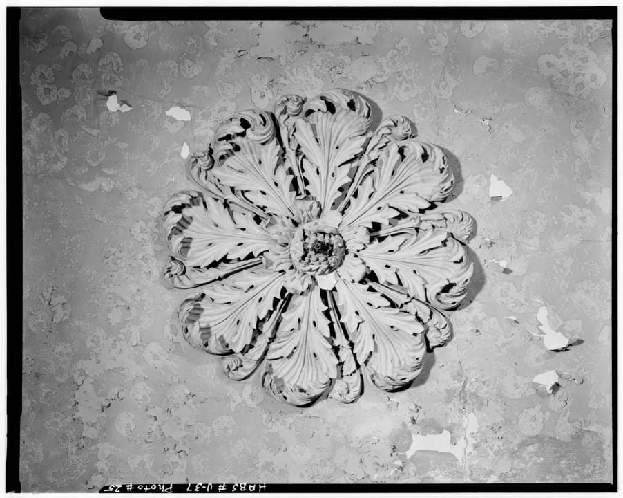 An ornate plaster ceiling medallion in the mansion's drawing room, photographed for the federal historic-building record, 1967.