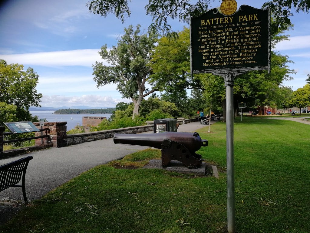 Bluff-top view from Battery Park in Burlington, Vermont, overlooking Lake Champlain — site of a War of 1812 American battery
