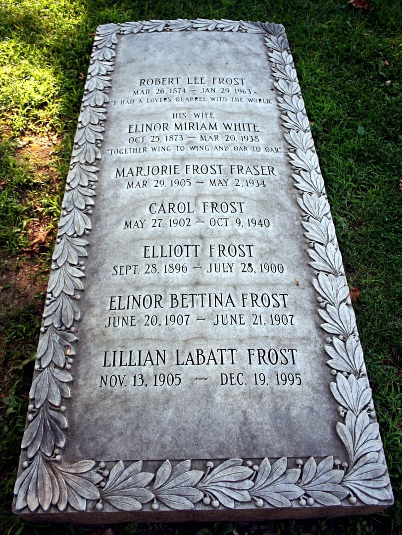Robert Frost's family grave marker at the Bennington Centre Cemetery in Old Bennington, Vermont