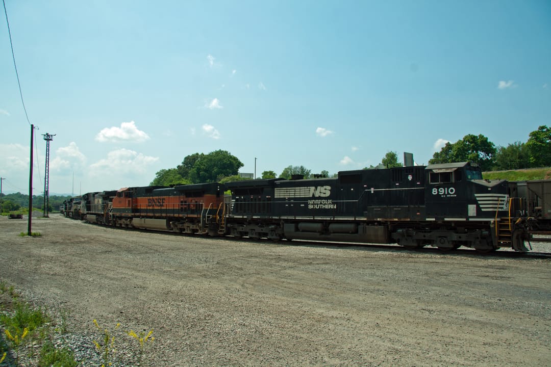 BNSF 998 (a C44-9W) sits between a couple of Dash 9's in the yard in Roanoke, VA.