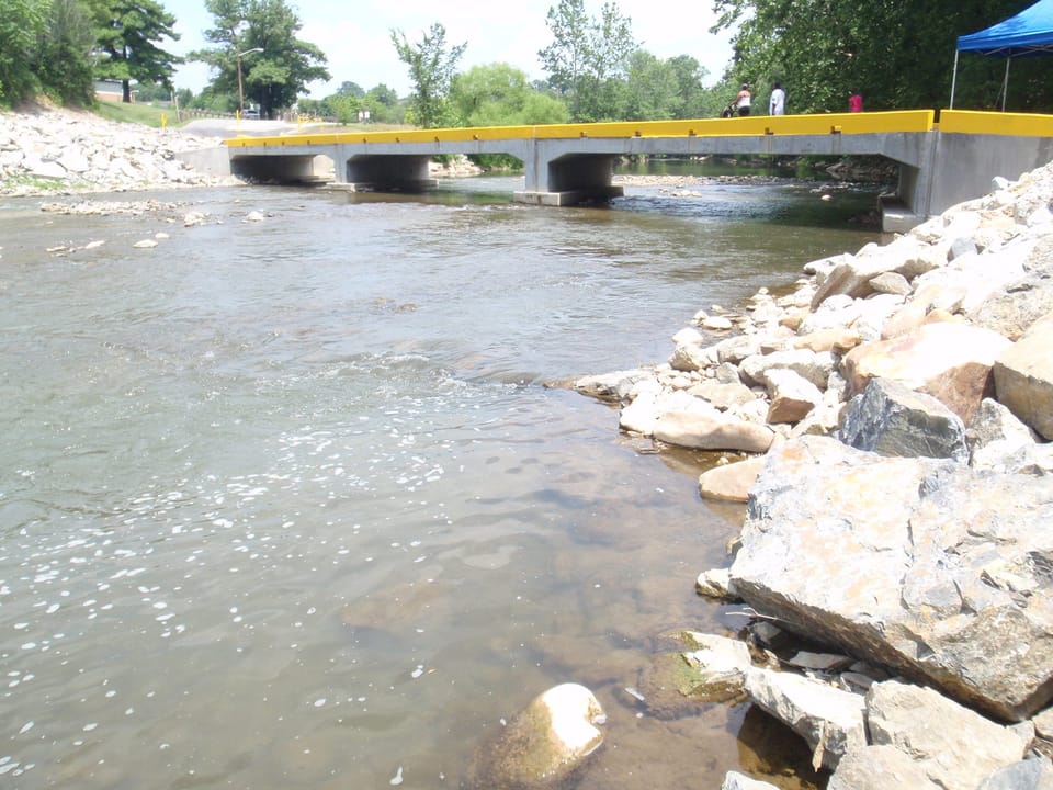 The new bridge installed at Wiley Drive in Roanoke, Virginia, permits unobstructed passage of fish and directly benefits the Roanoke logperch that occupies this stretch of river.  Credit: USFWS.